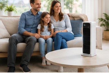 Familie genießt kühle Luft von AirZuma gemeinsam im Wohnzimmer