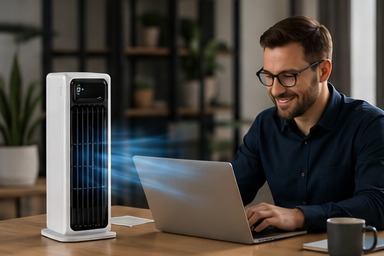 AirZuma tragbarer Kühler auf dem Schreibtisch im Homeoffice